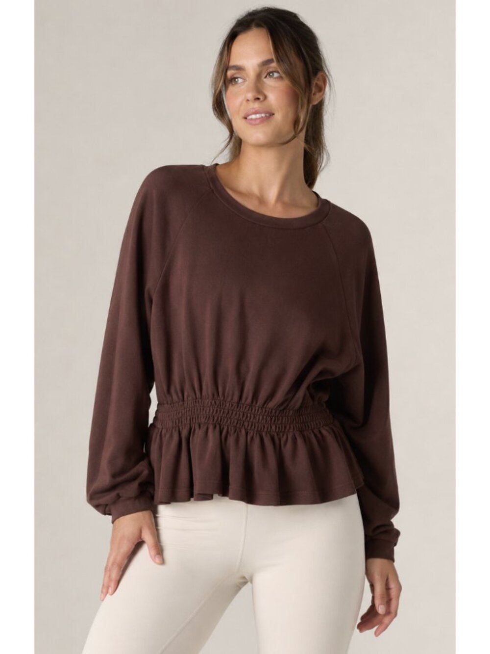 HALARA Round Neck Long Sleeve Ruffle Hem Casual Cotton Sweatshirt XL Brown